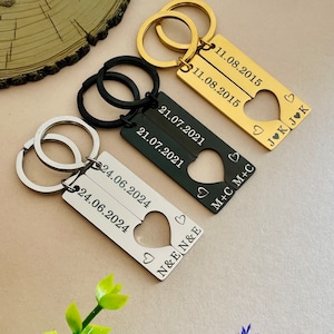 Custom Engraved Heart Couple Keychain Set, Stainless Steel Anniversary Gift, Coordinates Date Keyring