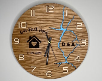 Personalised Modern Wall Clock,New Home Oak Veneered Wooden Clock,Custom Date/Initials,Our First Home Decor,Housewarming Gift,30cm Diameter