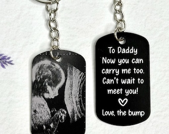 Personalised Baby Scan Photo Keyring – Engraved Pregnancy Reveal Keepsake, Mum & Dad To Be