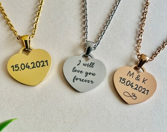 Personalised Gift, Engraved Heart Necklace, Any Text, Name Date Necklace, Gift for Her, Birthday, Anniversary