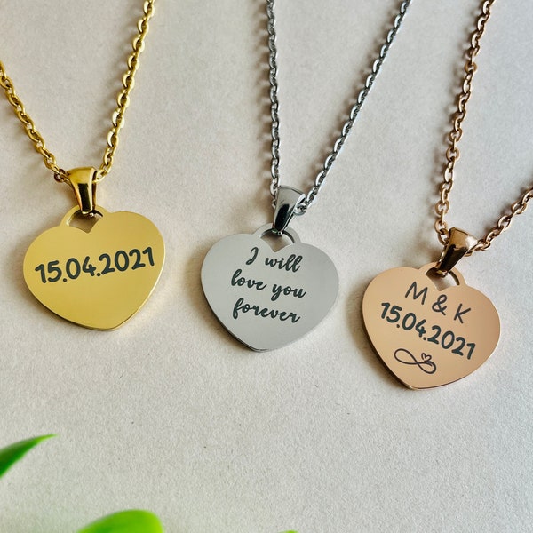 Personalised Gift, Engraved Heart Necklace, Any Text, Name Date Necklace, Gift for Her, Birthday, Anniversary