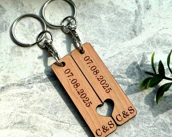 Personalised Couple Keyring Set of 2, Split Heart Design, Engraved Initials & Date, Wooden Anniversary Gift