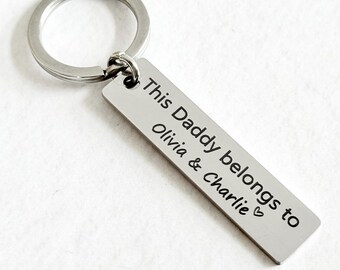 This Daddy Belongs To Keyring, Personalised Children's Names, Stainless Steel Father's Day Gift