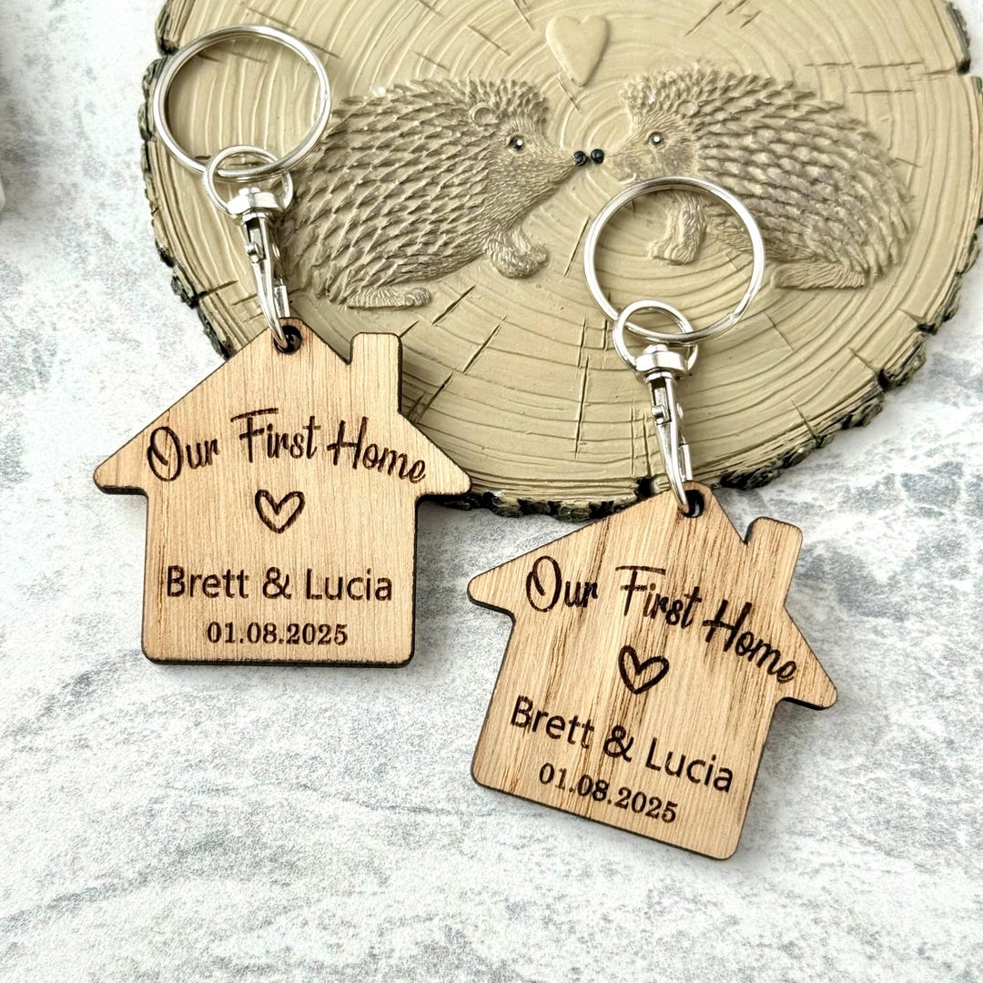 Engraved Oak Veneer First Home Keyrings | Personalized Housewarming ...