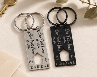 Our First Home Keyring Set – Personalised Couple Keychains, New Home / Housewarming Gift, Stainless Steel, Date & Initials
