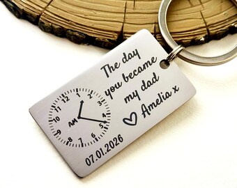 The Day You Became My Dad Keyring, Personalised Birth Details, Optional Back Engraving