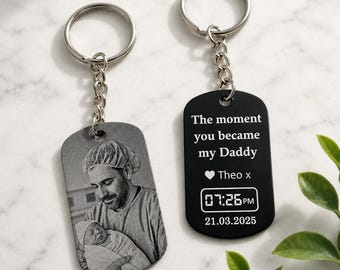 Personalised Daddy Photo Keyring, Engraved Aluminium, First Fathers Day Gift from Baby