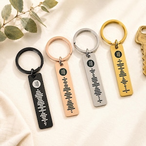 May include: Four keyrings with rectangular tags featuring a Spotify code design. The keyrings are in black, rose gold, silver, and gold colours. Each tag has a circular Spotify logo and a series of vertical lines.