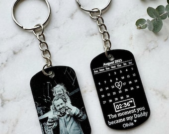 Personalised Dad Photo Keyring with Birth Time Clock, Baby Name & Date, New Daddy Gift