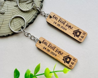 Personalized Couples Keyrings: Cherry Wood New Home Gift
