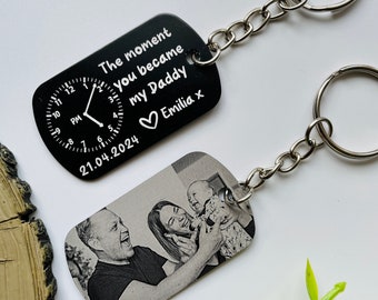 The Moment You Became My Daddy Photo Keyring, Engraved Birth Details, Personalised Dad Gift