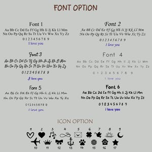 Op de afbeelding: Afbeelding met lettertype- en pictogramopties. Zes lettertypestijlen worden weergegeven met het alfabet, cijfers en de zin "I love you". Zeventien pictogramopties omvatten harten, muzieknoten en andere symbolen.
