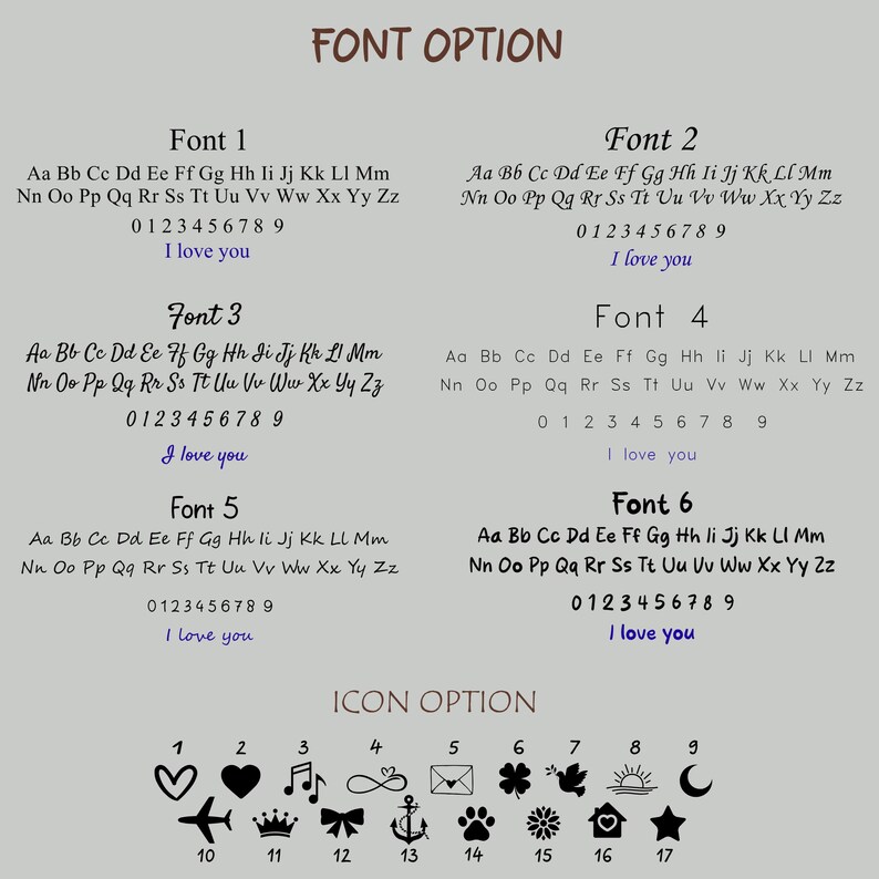 Op de afbeelding: Afbeelding met lettertype- en pictogramopties. Zes lettertypestijlen worden weergegeven met het alfabet, cijfers en de zin "I love you". Zeventien pictogramopties omvatten harten, muzieknoten en andere symbolen.