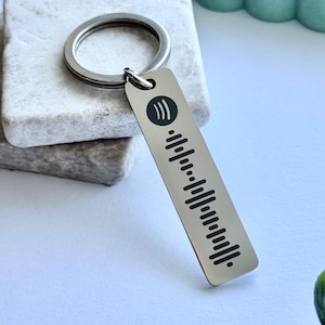 Può includere: Un portachiavi rettangolare argentato con un codice Spotify e un portachiavi circolare. Il portachiavi presenta un logo Spotify nero e una serie di linee verticali nere che rappresentano i dati audio. Il portachiavi è esposto su una superficie di pietra bianca.