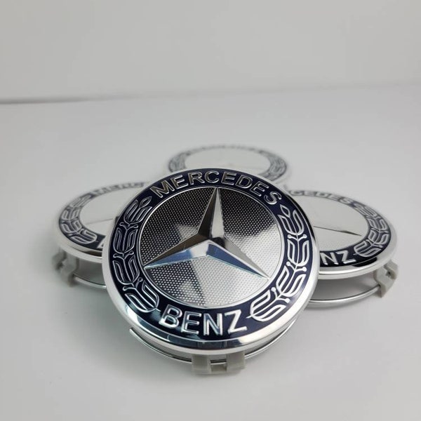 Set of 4 Mercedes-Benz Classic Dark Blue Wheel Center Caps - 75MM Wreath