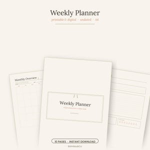 Può includere: Un set di pianificatore settimanale con una copertina che riporta il testo Weekly Planner, simple planners for a calmer week, by BrimNookCo, 10 pages, instant download. Include una panoramica mensile con griglia e una pagina a righe.