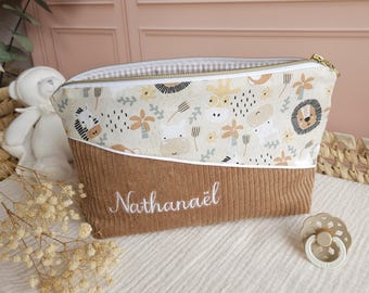 Trousse de Toilette Enfant Personnalisée - trousse bébé à langer en velours camel et coton animaux jungle lion