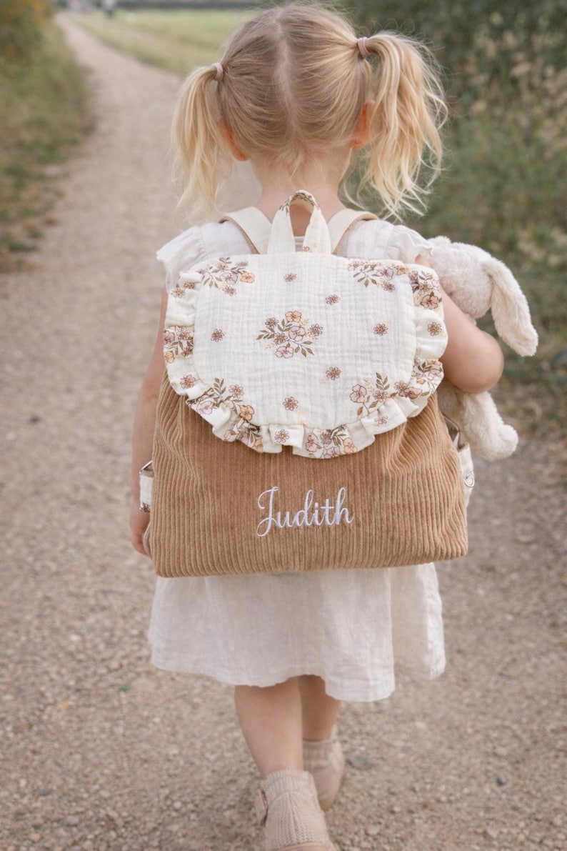 May include: A tan corduroy backpack featuring a cream-colored flap with a delicate brown floral print and a ruffled edge. The name Judith is embroidered in white cursive script on the front pocket. The backpack has matching tan shoulder straps.