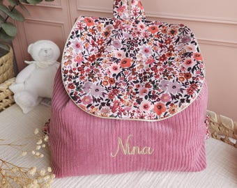 Children's backpack with embroidered name - preschool or nursery bag in pink velvet and floral cotton - gift idea
