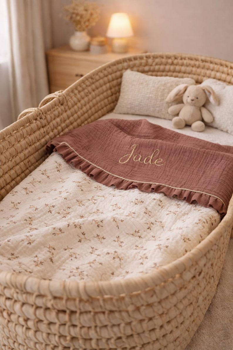 Couverture bébé personnalisée - plaid écru et chataigne fleurs naissance brodé fait main avec froufrou - gaze de coton imagem 4