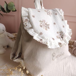 Personalized children's backpack - preschool or nursery bag with frills - beige velvet bag in double gauze floral fabric image 7