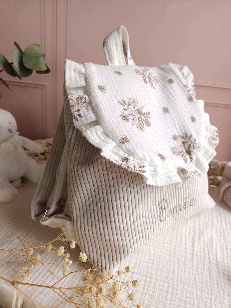 Personalized children's backpack - preschool or nursery bag with frills - beige velvet bag in double gauze floral fabric image 7