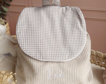 Sac à dos maternelle personnalisé - sac crèche avec prénom brodé en velours écru et coton vichy sable - rentrée scolaire