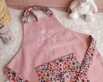 Tablier enfant personnalisé de cuisine - tablier activité ou cuisine rose et fleuri - cadeau original garçon ou fille
