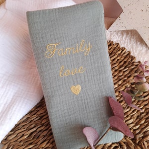 Personalized family booklet cover embroidered in double cotton gauze with small embroidered heart image 2