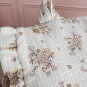 Personalized children's backpack - preschool or nursery bag with frills - beige velvet bag in double gauze floral fabric image 16