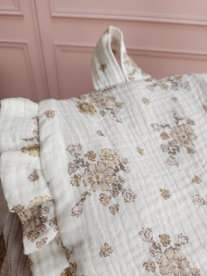 Personalized children's backpack - preschool or nursery bag with frills - beige velvet bag in double gauze floral fabric image 16
