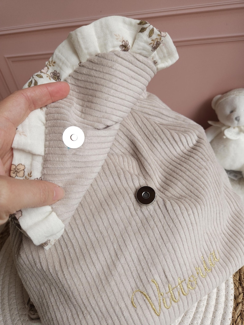 Personalized children's backpack - preschool or nursery bag with frills - beige velvet bag in double gauze floral fabric image 12