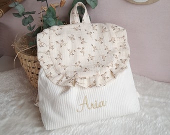 Personalized children's backpack - nursery or preschool bag with frills - ivory velvet bag in double gauze Liberty fabric