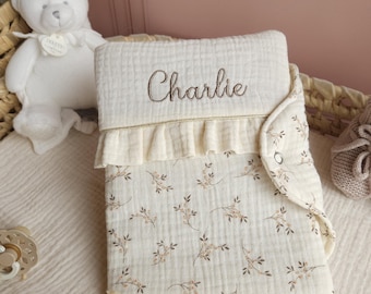 Personalized baby health record book cover with ruffles - embroidered baby name cover in ecru floral cotton gauze - baby shower gift