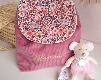 Sac à dos personnalisé enfant maternelle ou crèche en velours rose tissu liberty