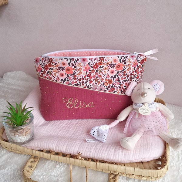 Trousse de toilette ou maquillage personnalisée pour enfant, trousse à langer en double gaze de coton