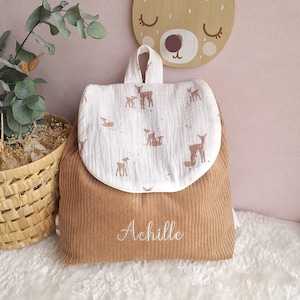 Sac à dos personnalisé enfant maternelle ou crèche en velours camel tissu animaux faon