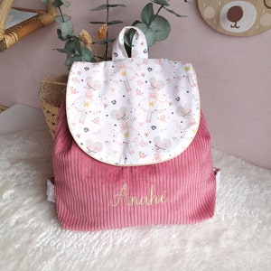 Sac à dos personnalisé enfant maternelle ou crèche en velours rose tissu souris