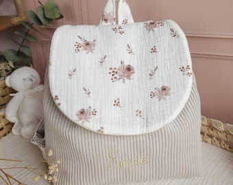 Personalized children's backpack - preschool or nursery bag in ecru velvet with floral fabric - baby shower gift idea