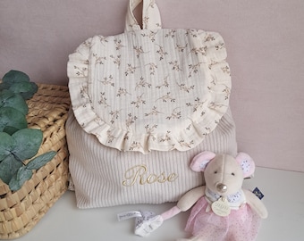 Sac à dos personnalisé enfant maternelle ou crèche avec froufrou en velours ecru tissu liberty