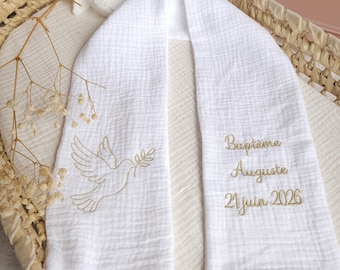 Embroidered Baby Baptismal Stole/Scarf - Children's Cotton Gauze Baptism Accessory - White Baptism Garment - Embroidered Name and Dove