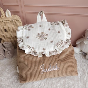 Personalized children's backpack - preschool or nursery bag with frills - beige velvet bag in double gauze floral fabric judith
