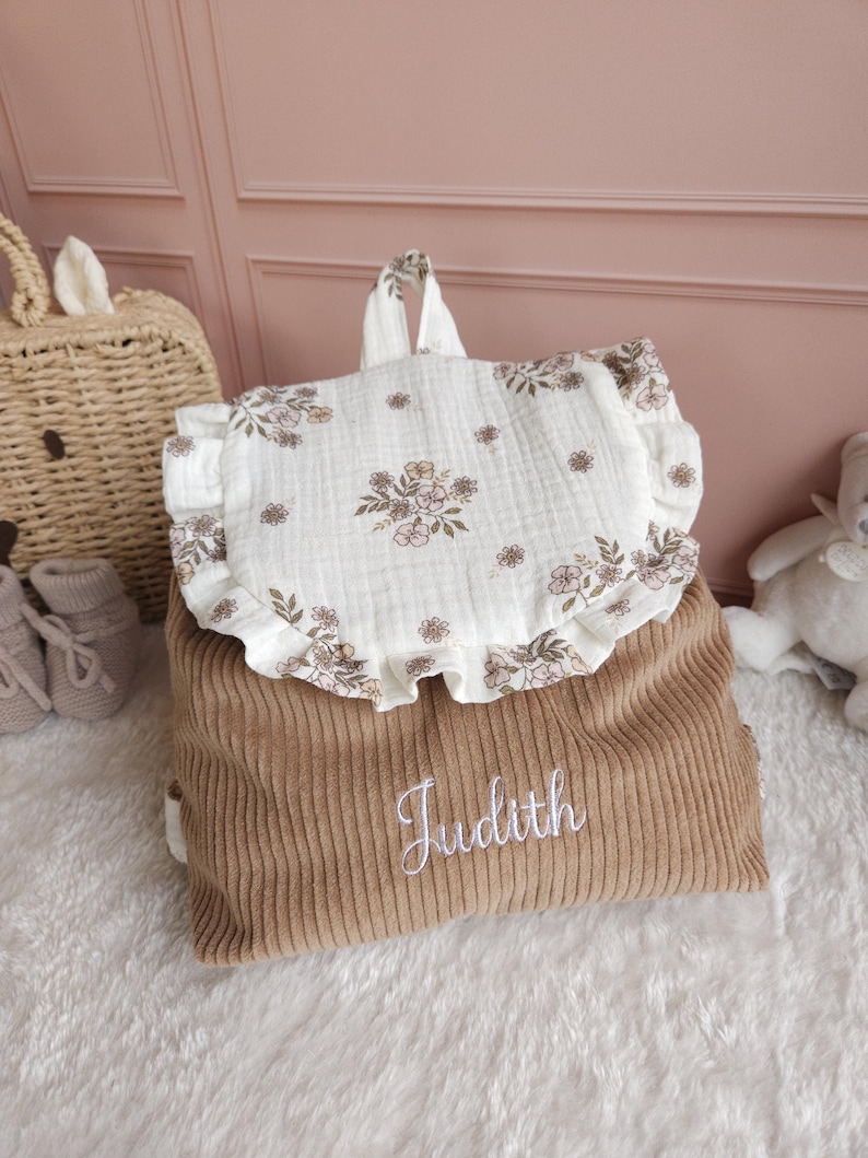 Personalized children's backpack - preschool or nursery bag with frills - beige velvet bag in double gauze floral fabric judith