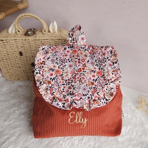 Sac à dos personnalisé enfant maternelle ou crèche avec froufrou en velours tissu liberty cadeau de naissance Noël