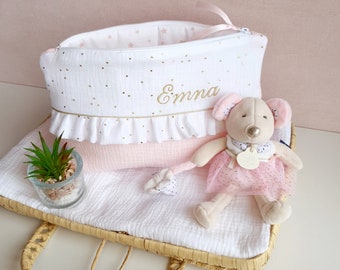 Trousse de toilette ou maquillage personnalisée pour enfant, trousse à langer en double gaze rose et blanc