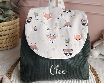 Sac à dos enfant personnalisé - sac maternelle ou crèche en velours vert kaki et animaux