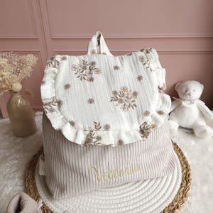 Personalized children's backpack - preschool or nursery bag with frills - beige velvet bag in double gauze floral fabric victoria