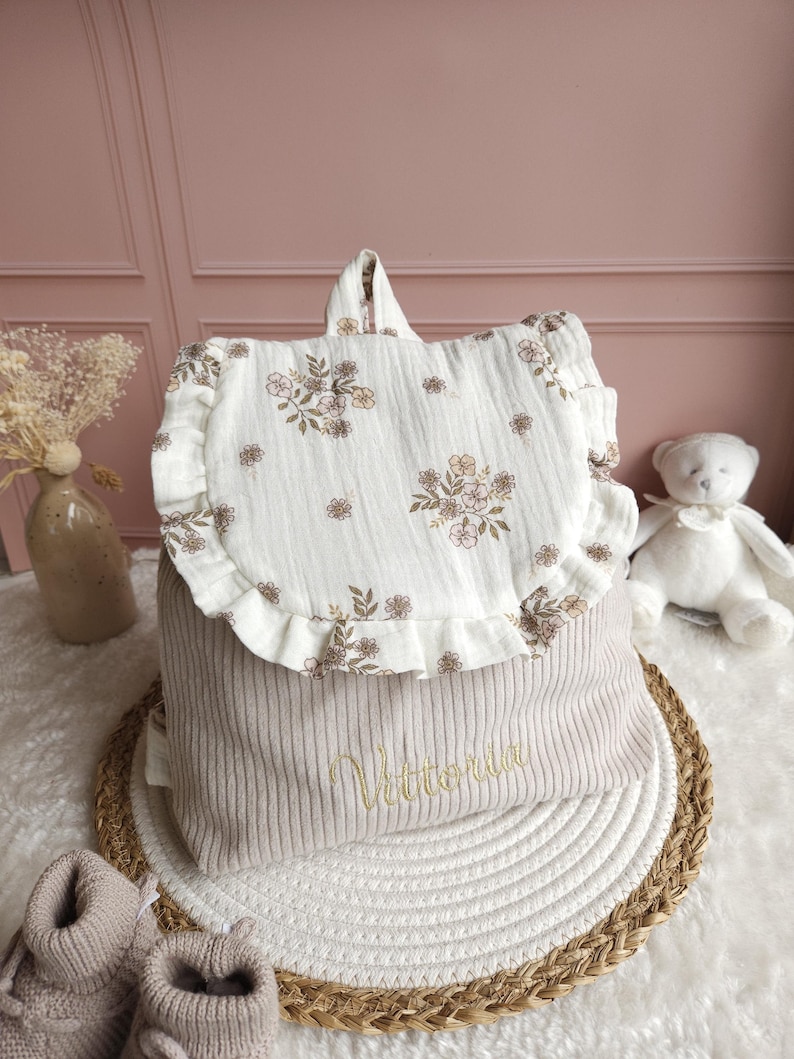 Personalized children's backpack - preschool or nursery bag with frills - beige velvet bag in double gauze floral fabric victoria