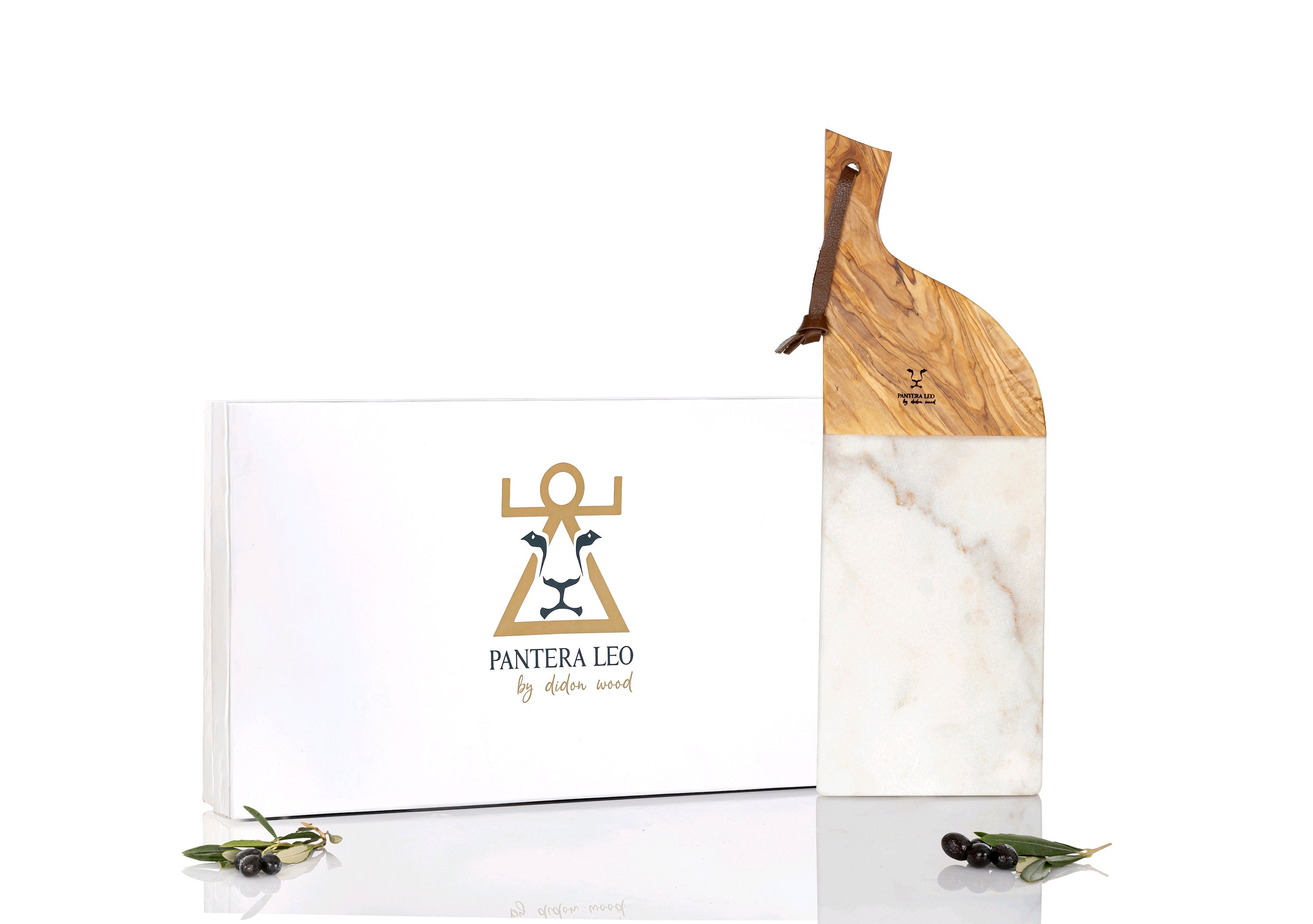Coffret Planche en Bois d'olivier Marbre et Cuir, Idée Cadeau, à Découper, Snacks Board, Planche Pou