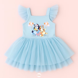 bluey birthday tutu dress, bluey birthday party, bluey girl outfits, bandit heeler and chilli heeler, bluey birthday dress, toddler girl